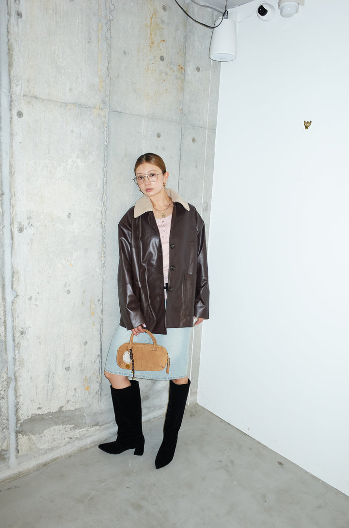 [予約/SET]ボアつきフェイクレザーカバーオール+シアーヘンリーネックロンT+ボックスデニム膝丈SK(3set)