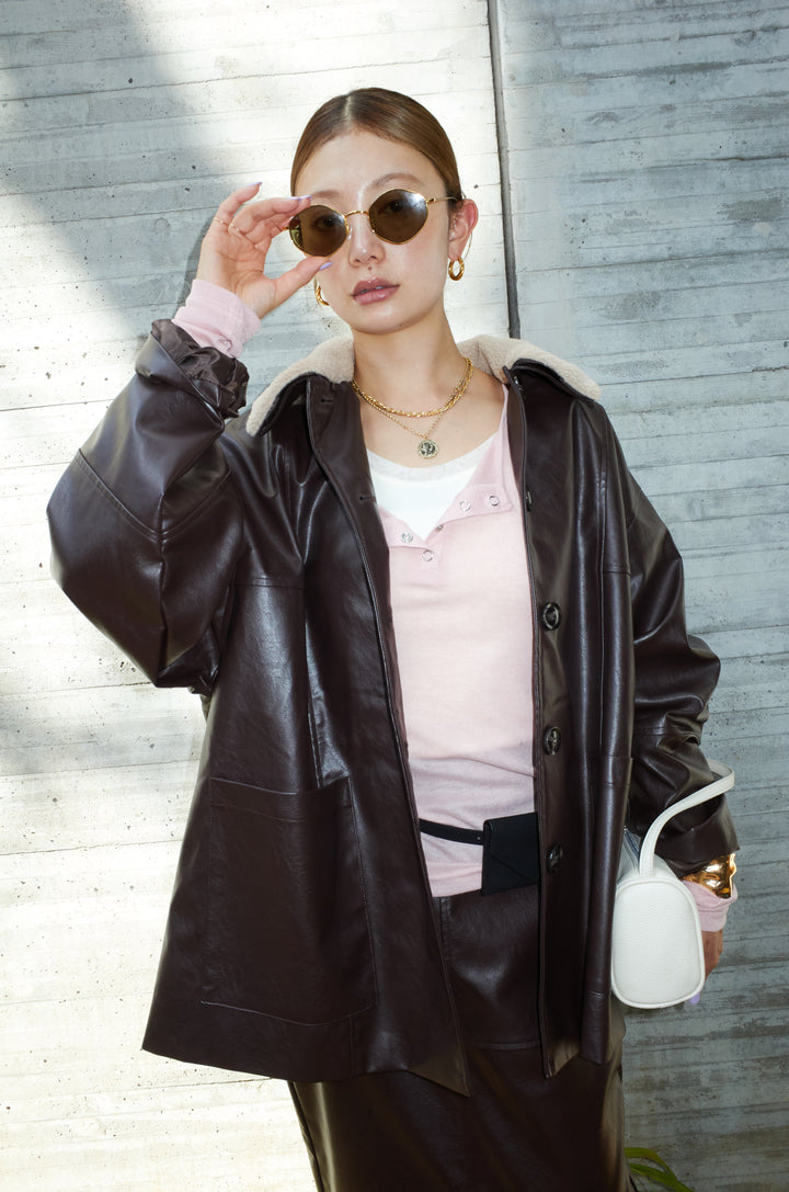 [予約]ボアつきフェイクレザーカバーオール