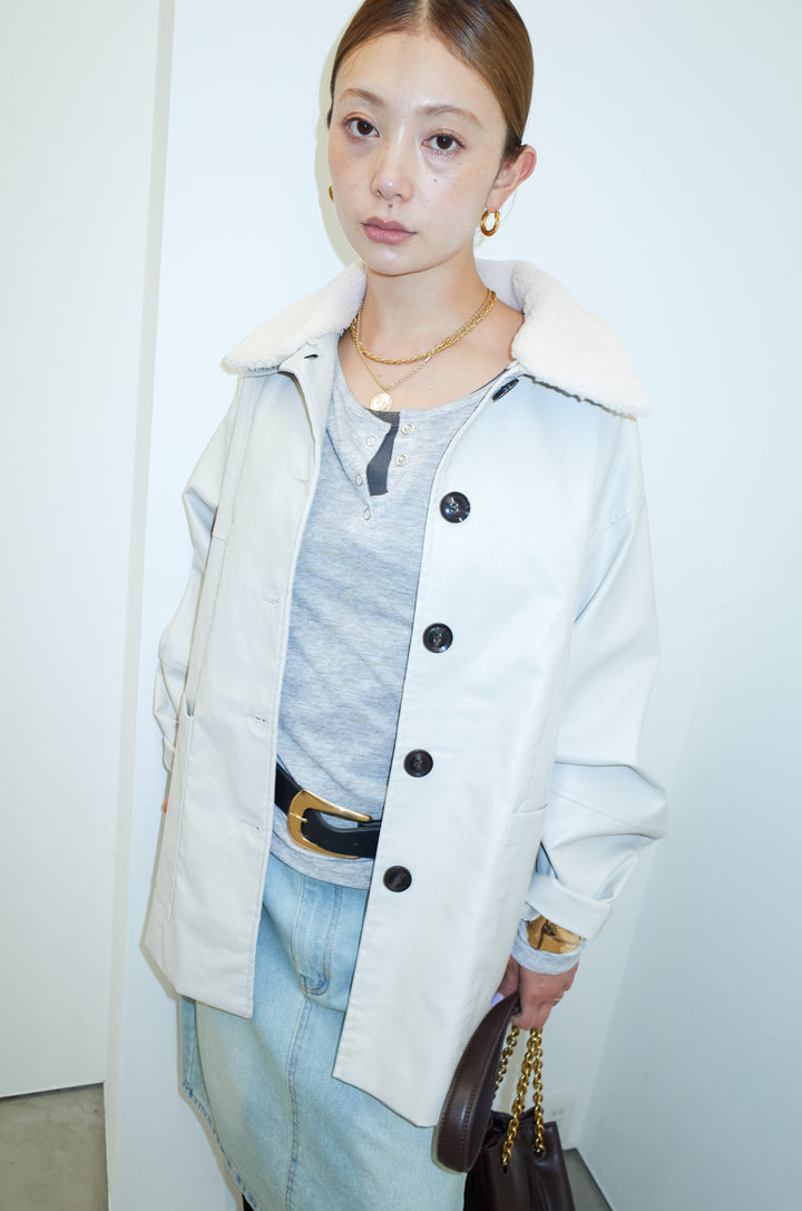 [予約/SET]ボアつきフェイクレザーカバーオール+シアーヘンリーネックロンT+ボックスデニム膝丈SK(3set)