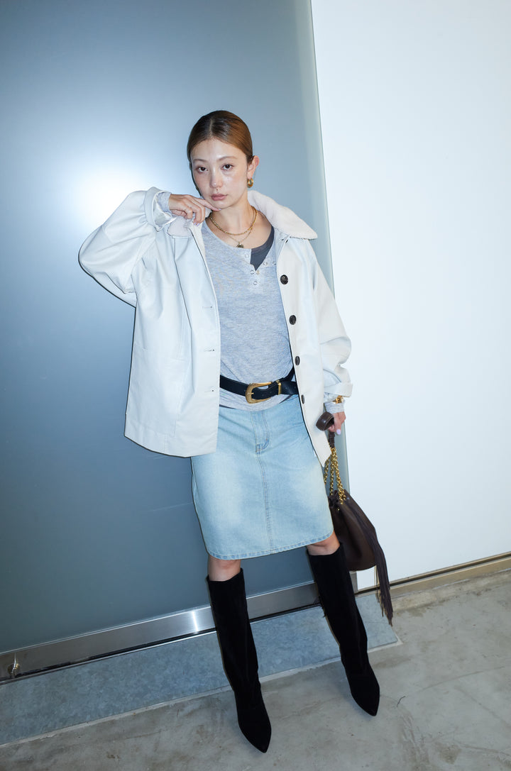 [予約/SET]ボアつきフェイクレザーカバーオール+ボックスデニム膝丈SK(2set)