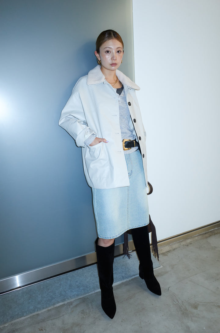 [予約/SET]ボアつきフェイクレザーカバーオール+シアーヘンリーネックロンT+ボックスデニム膝丈SK(3set)