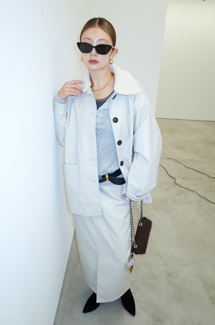 [予約/SET]ボアつきフェイクレザーカバーオール+シアーヘンリーネックロンT+エコレザーバックスリットペンシルスカート(3set)