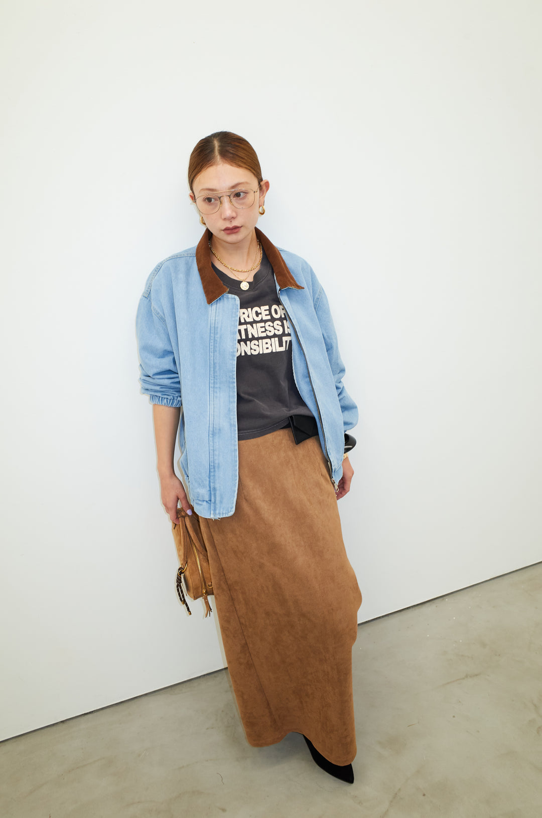 [予約/SET]コーデュロイ襟デニムブルゾン+ピグメントロゴショート丈T+フェイクスウェードペンシルSK(3set)