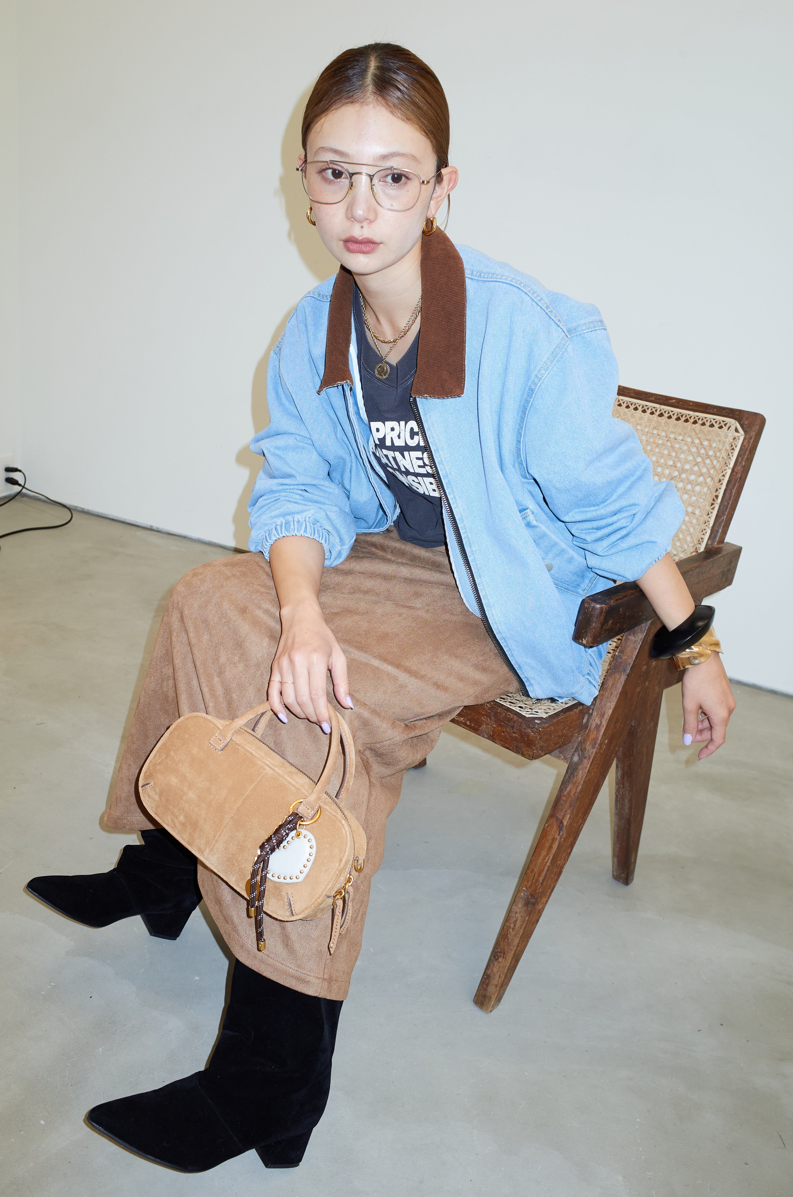 予約/SET]コーデュロイ襟デニムブルゾン+フェイクスウェードペンシルSK