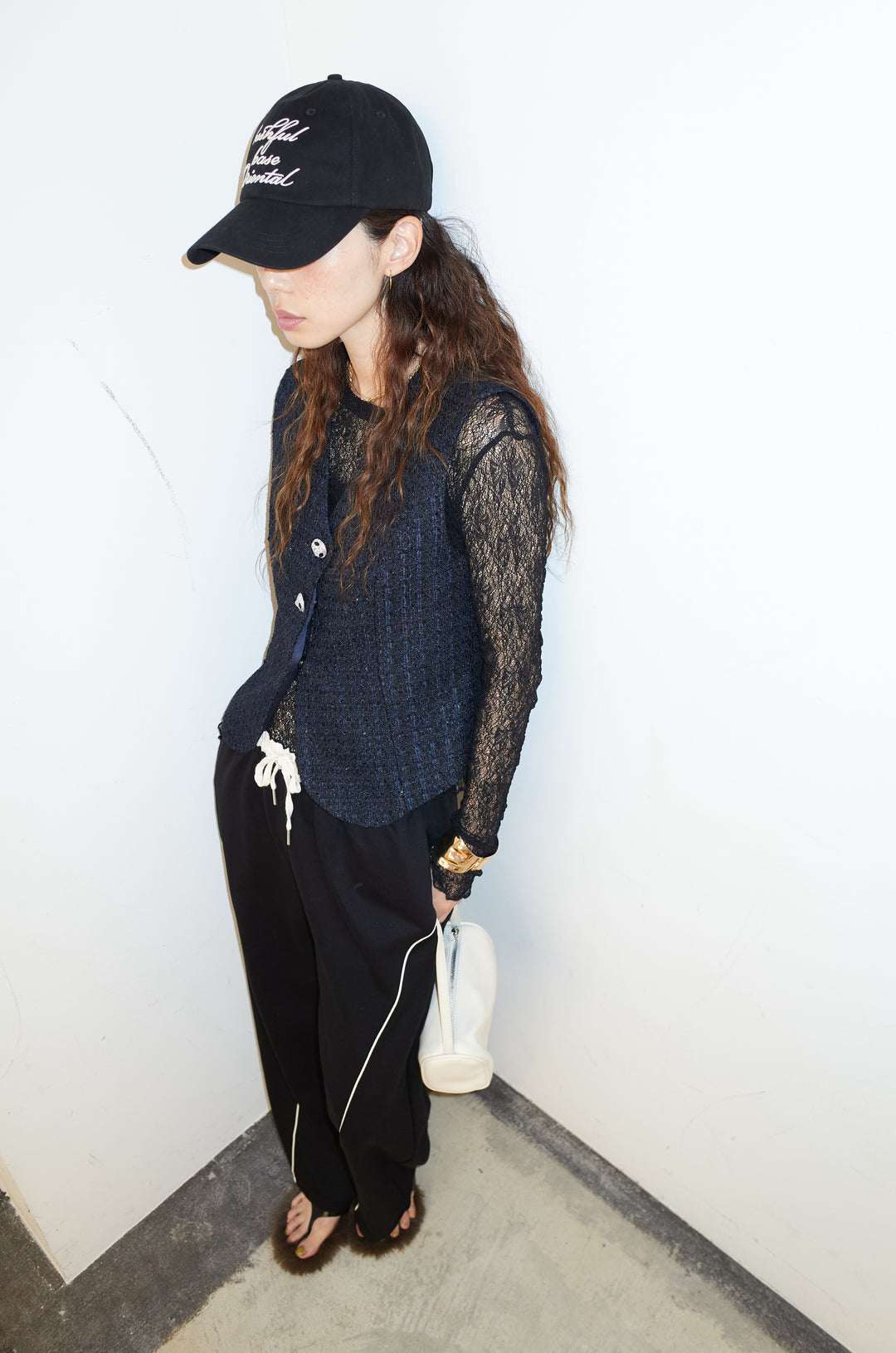 [予約/SET]ビジューボタンラメツイードジレ+シアーレーストップス+裏毛カーブラインワイドパンツ(3set)