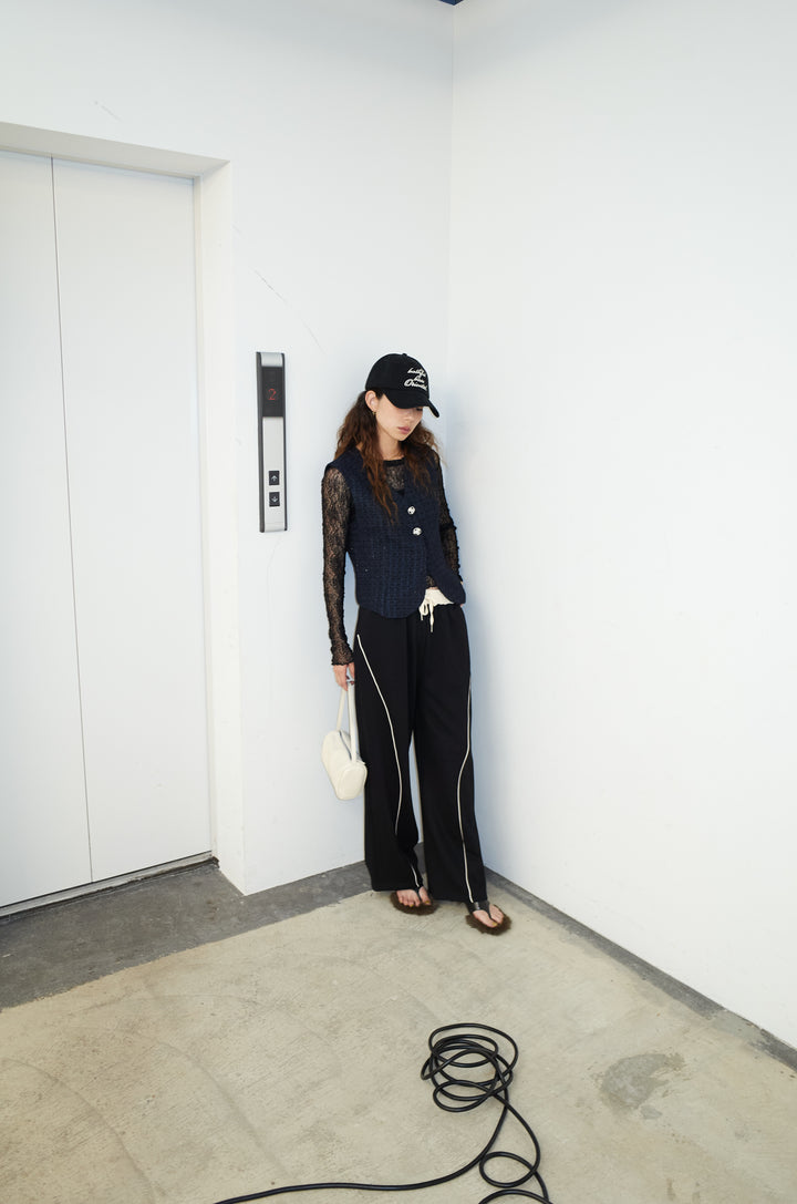 [予約/SET]ビジューボタンラメツイードジレ+シアーレーストップス+裏毛カーブラインワイドパンツ(3set)