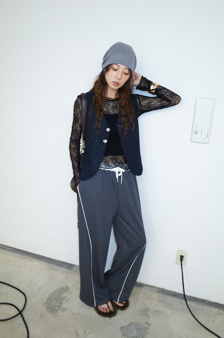 [予約/SET]ビジューボタンラメツイードジレ+裏毛カーブラインワイドパンツ(2set)