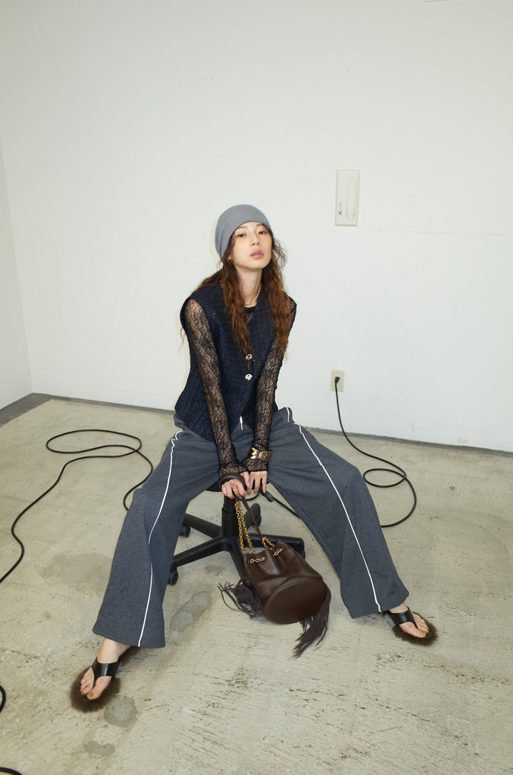 [予約/SET]ビジューボタンラメツイードジレ+シアーレーストップス+裏毛カーブラインワイドパンツ(3set)