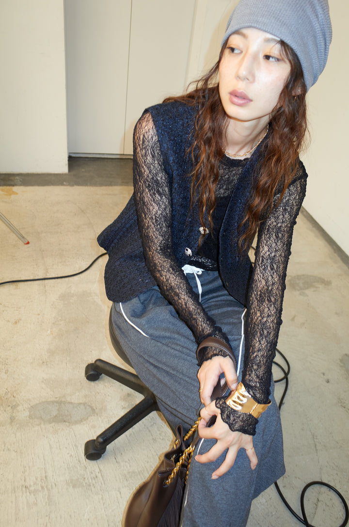 [予約/SET]ビジューボタンラメツイードジレ+シアーレーストップス+裏毛カーブラインワイドパンツ(3set)