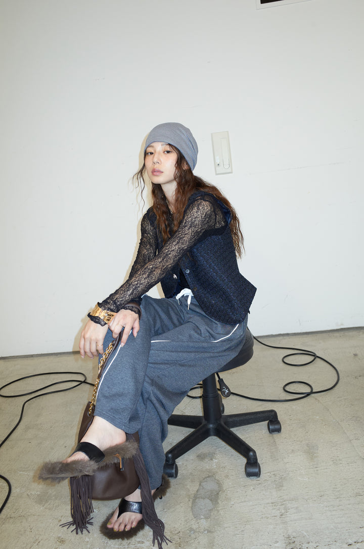 [予約/SET]ビジューボタンラメツイードジレ+裏毛カーブラインワイドパンツ(2set)