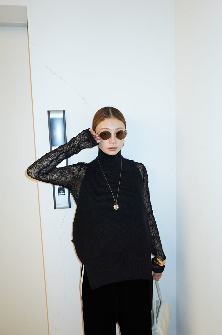 [予約/SET]ハイネックワイドーオープンニットベスト+シアーレーストップス(2set)