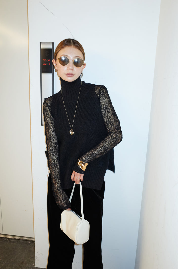 [予約/SET]ハイネックワイドーオープンニットベスト+シアーレーストップス(2set)