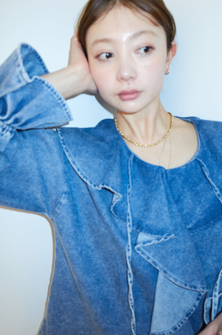 [予約/SET]ラッフルフリルデニムブラウス+センタープレスストレッチセミフレアデニムパンツ(2set)