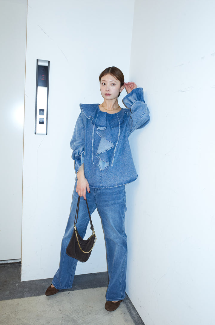 [予約/SET]ラッフルフリルデニムブラウス+センタープレスストレッチセミフレアデニムパンツ(2set)