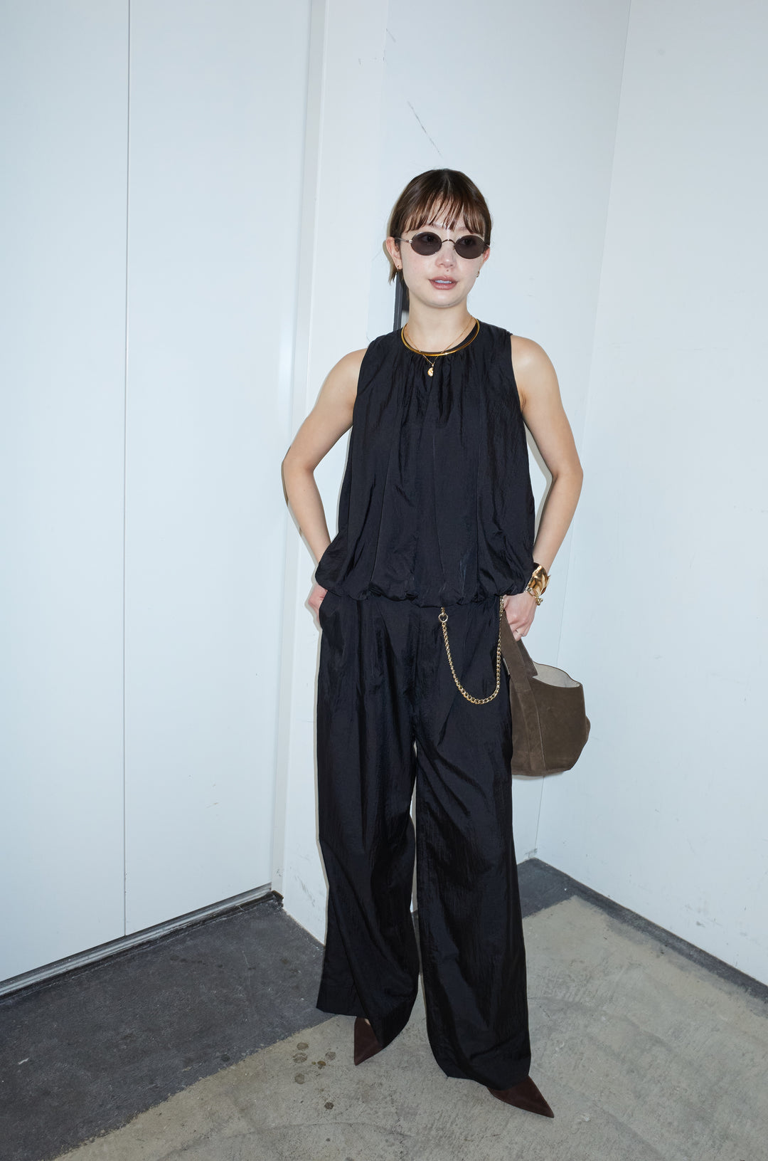 [予約/SET]バックオープンシアーバルーンブラウス+シアーイージーワイドパンツ(2set)