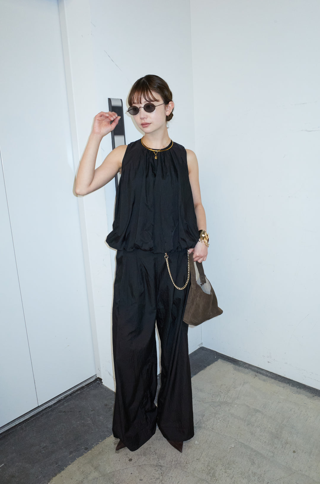 [予約/SET]バックオープンシアーバルーンブラウス+シアーイージーワイドパンツ(2set)