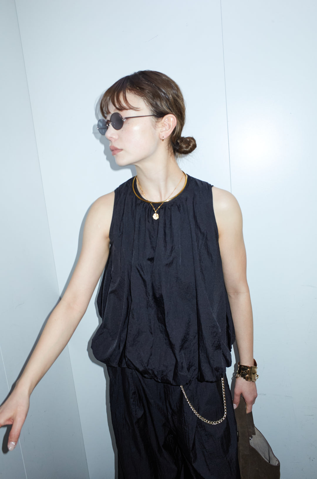 [予約/SET]バックオープンシアーバルーンブラウス+シアーイージーワイドパンツ(2set)