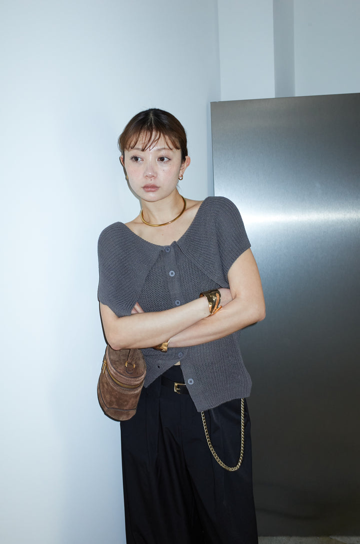 [予約/SET]ビッグカラーニットトップス+ハイウエストタックワイドパンツ(2set)