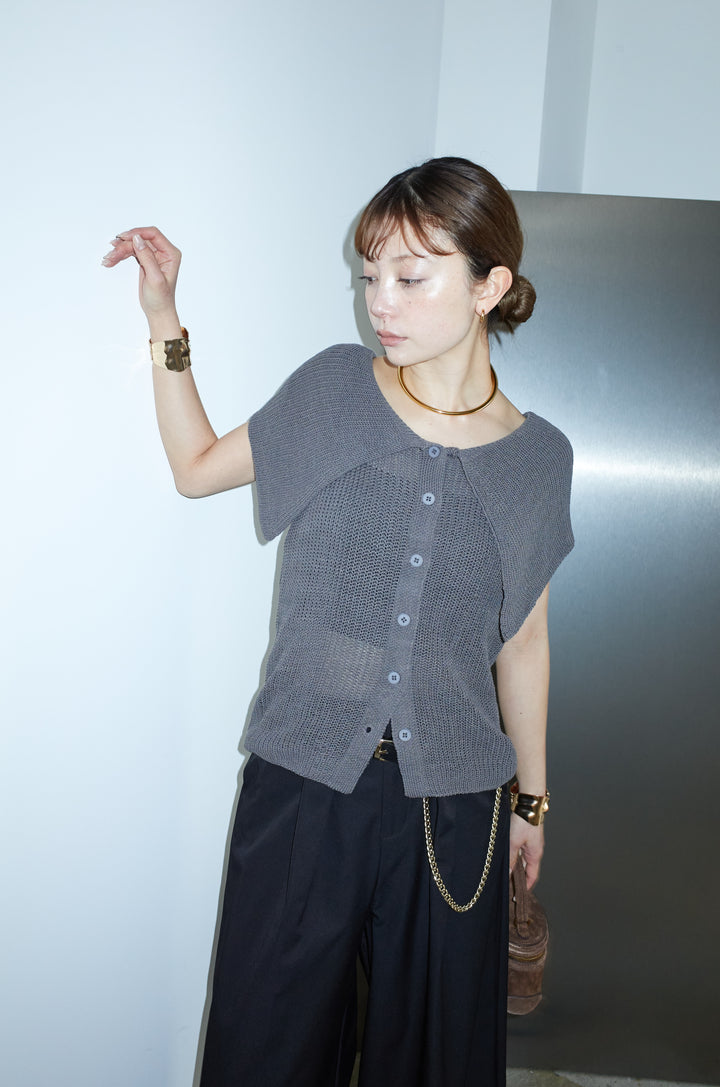 [予約/SET]ビッグカラーニットトップス+ハイウエストタックワイドパンツ(2set)