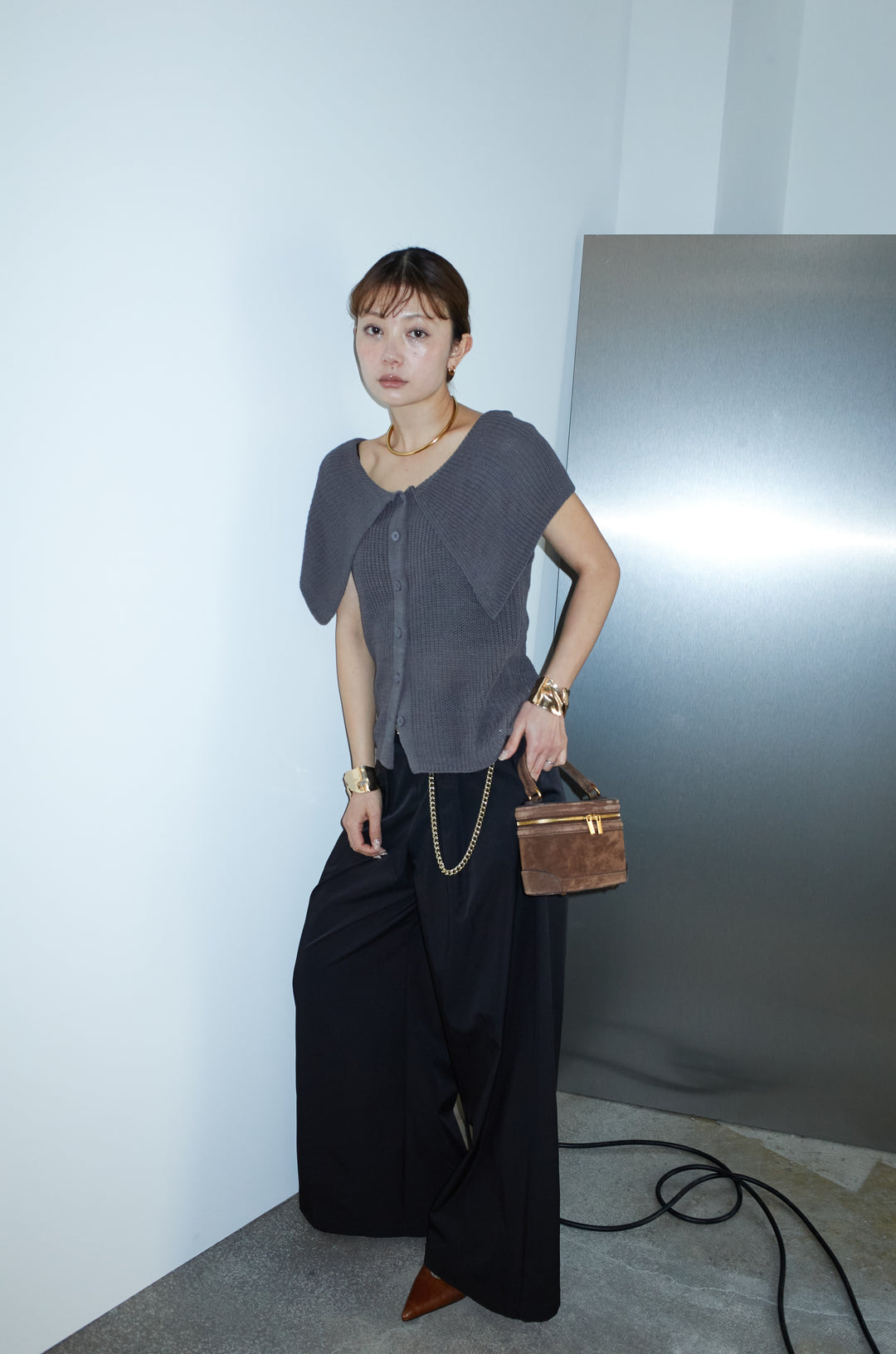 [予約/SET]ビッグカラーニットトップス+ハイウエストタックワイドパンツ(2set)