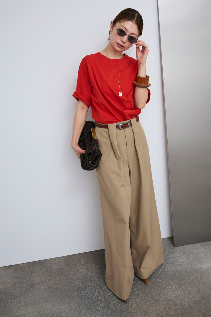 [予約/SET]アシメギャザードレープT+ハイウエストタックワイドパンツ(2set)