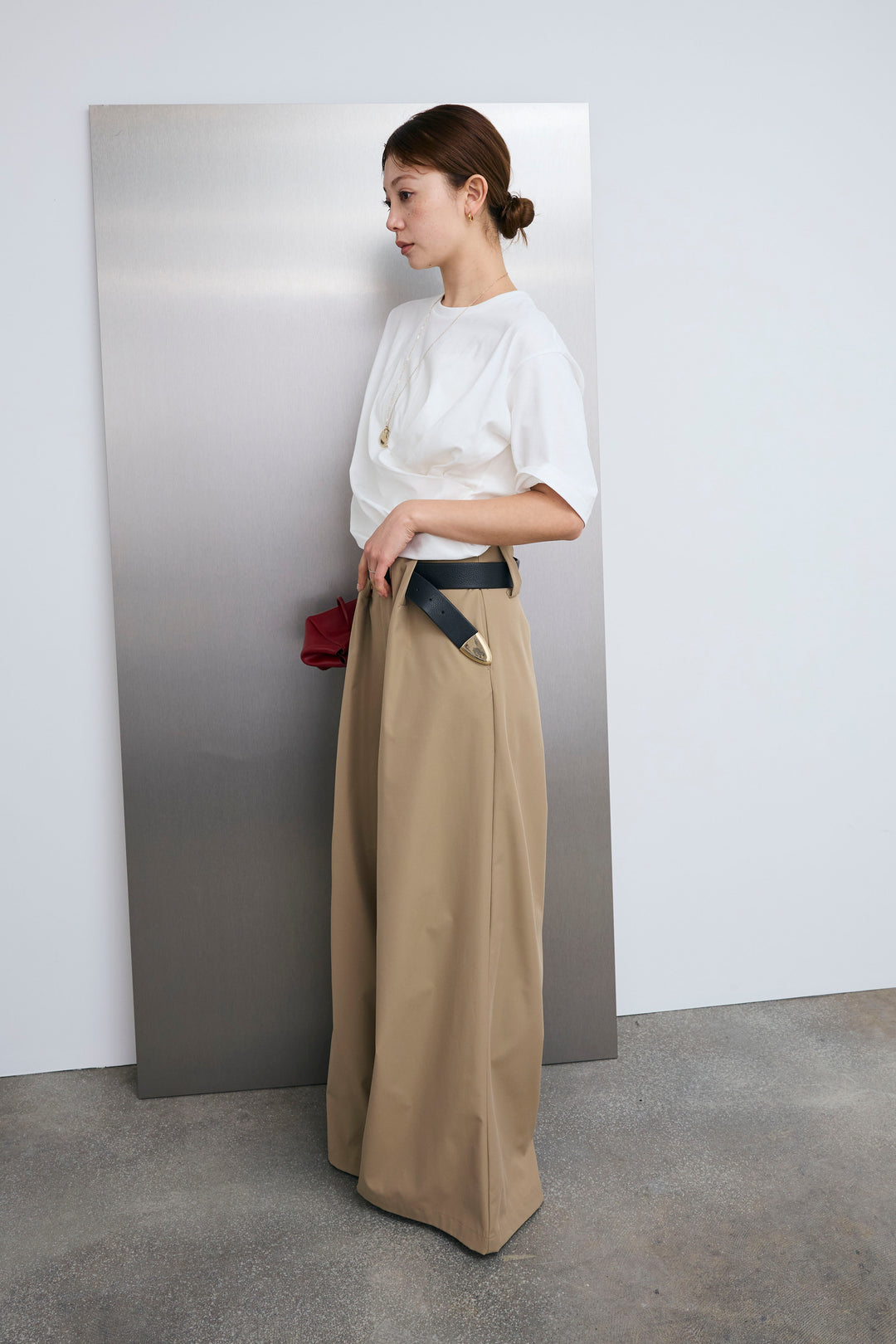 [予約/SET]アシメギャザードレープT+ハイウエストタックワイドパンツ(2set)