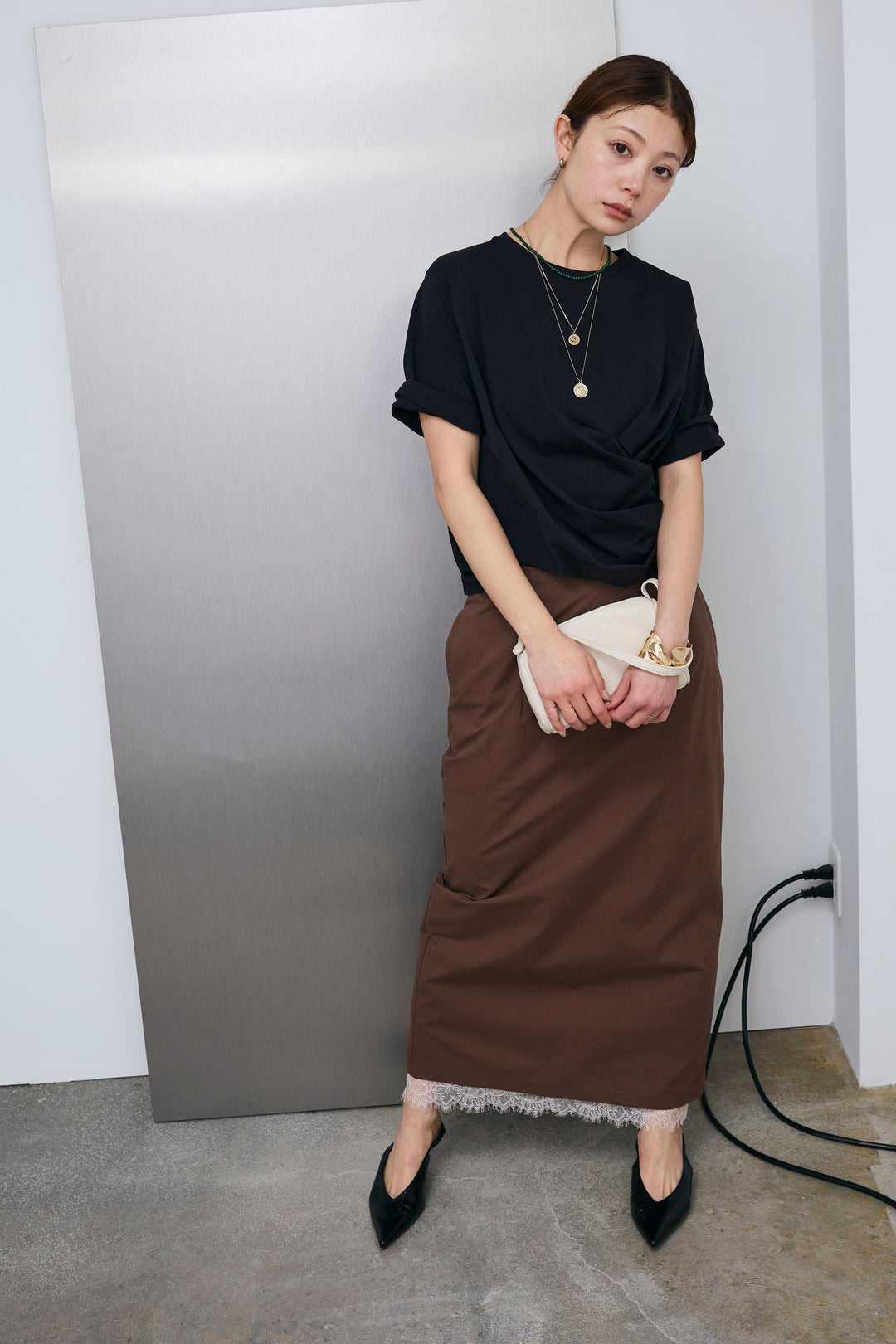 [予約/SET]アシメギャザードレープT+裾レースレイヤードスカート(2set)