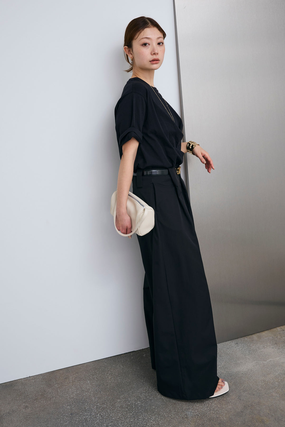 [予約/SET]アシメギャザードレープT+ハイウエストタックワイドパンツ(2set)