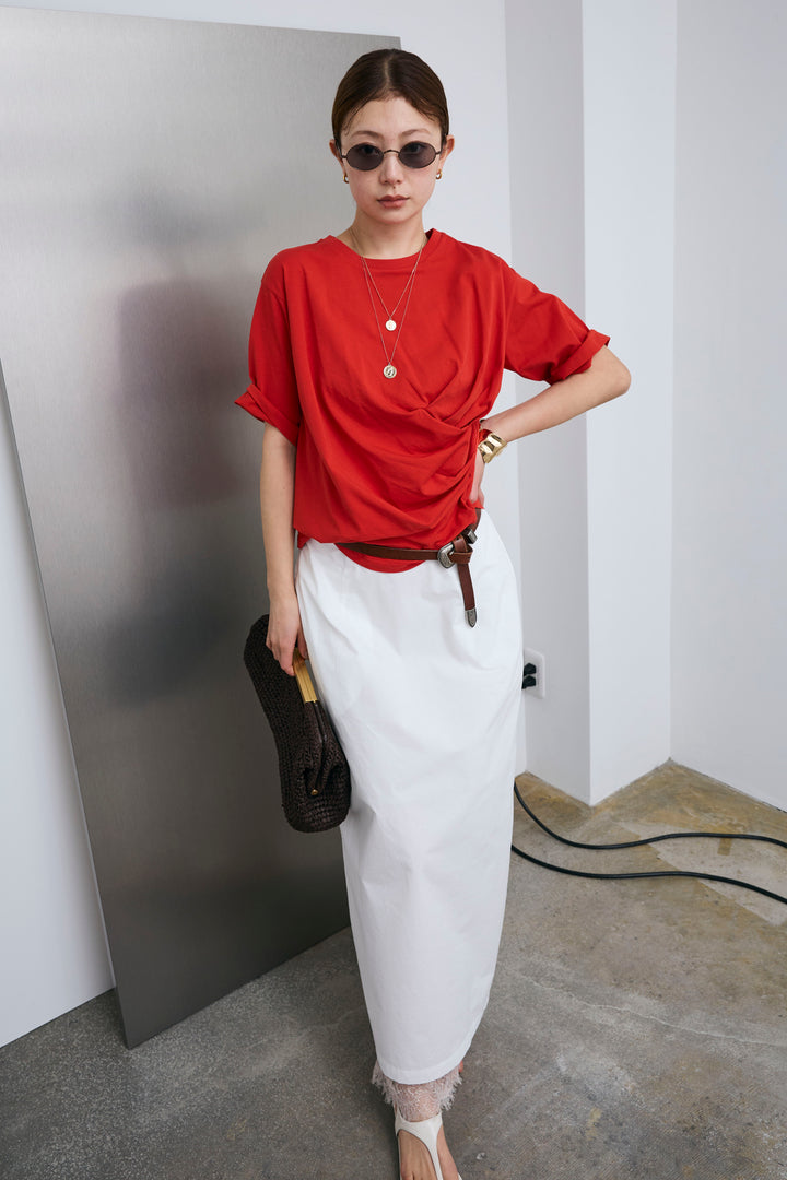 [予約/SET]アシメギャザードレープT+裾レースレイヤードスカート(2set)