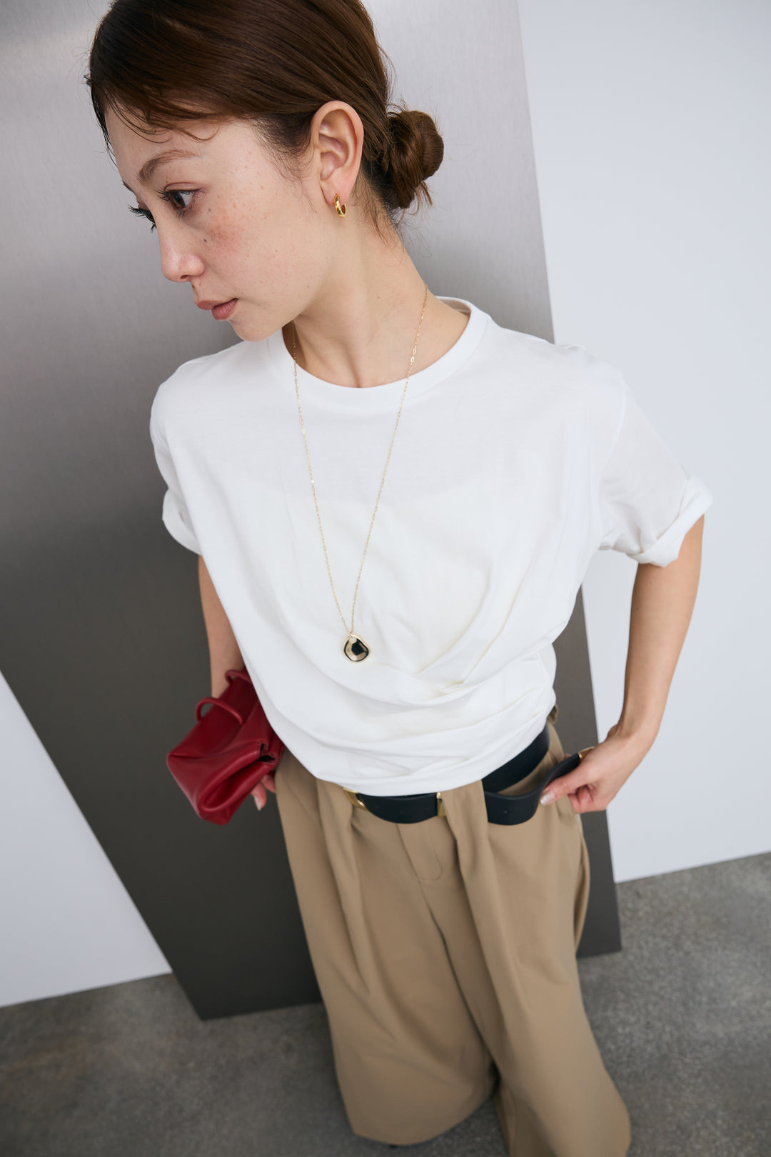 [予約/SET]アシメギャザードレープT+ハイウエストタックワイドパンツ(2set)