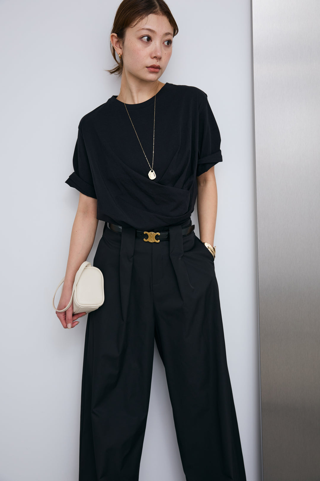 [予約/SET]アシメギャザードレープT+ハイウエストタックワイドパンツ(2set)