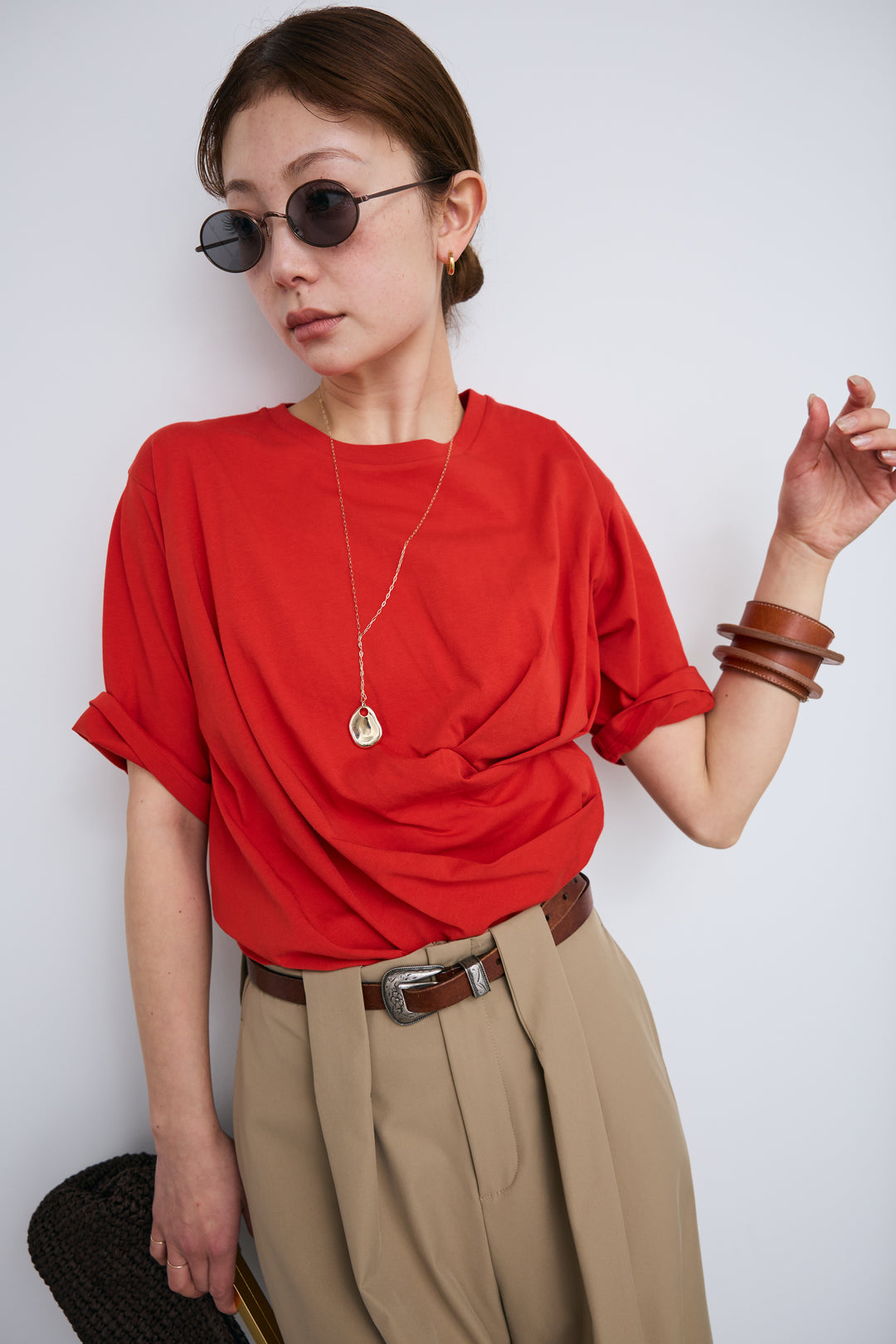 [予約/SET]アシメギャザードレープT+ハイウエストタックワイドパンツ(2set)