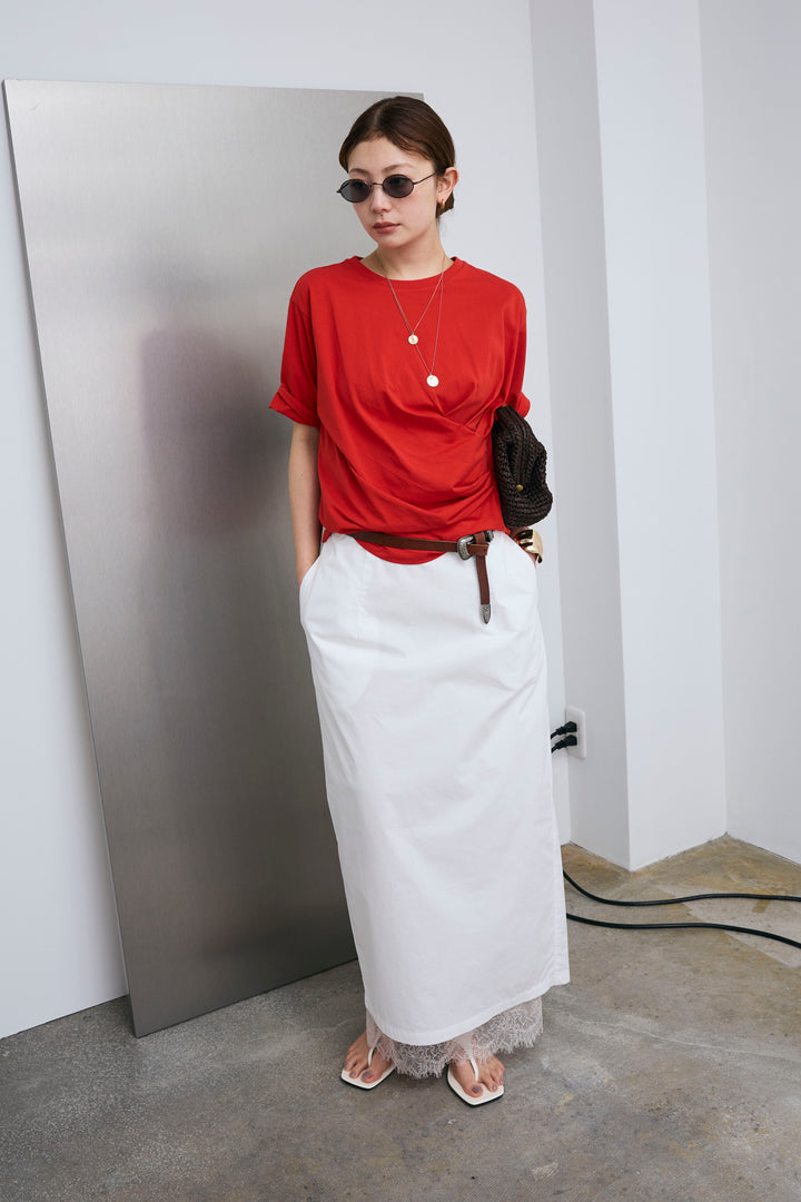 [予約/SET]アシメギャザードレープT+裾レースレイヤードスカート(2set)