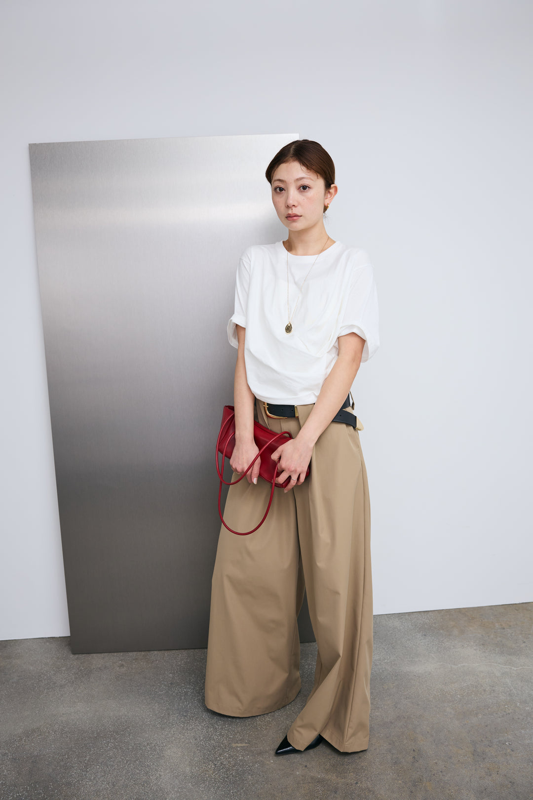 [予約/SET]アシメギャザードレープT+ハイウエストタックワイドパンツ(2set)