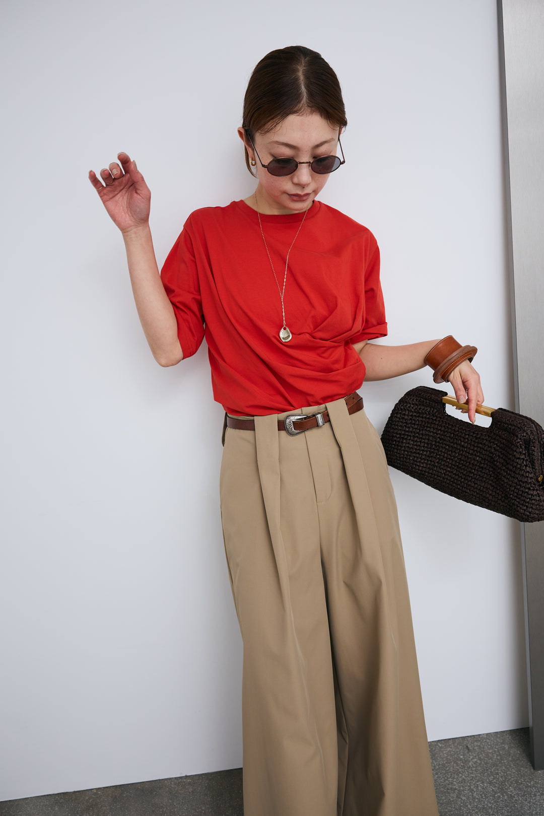 [予約/SET]アシメギャザードレープT+ハイウエストタックワイドパンツ(2set)