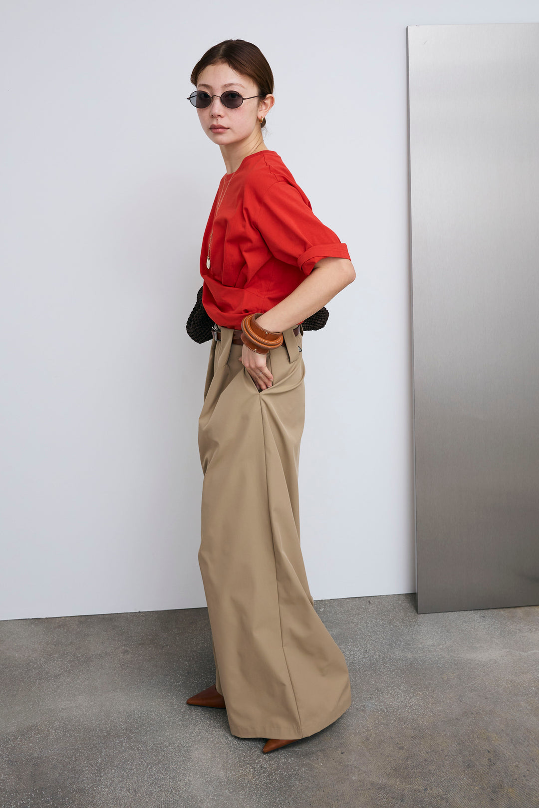 [予約/SET]アシメギャザードレープT+ハイウエストタックワイドパンツ(2set)