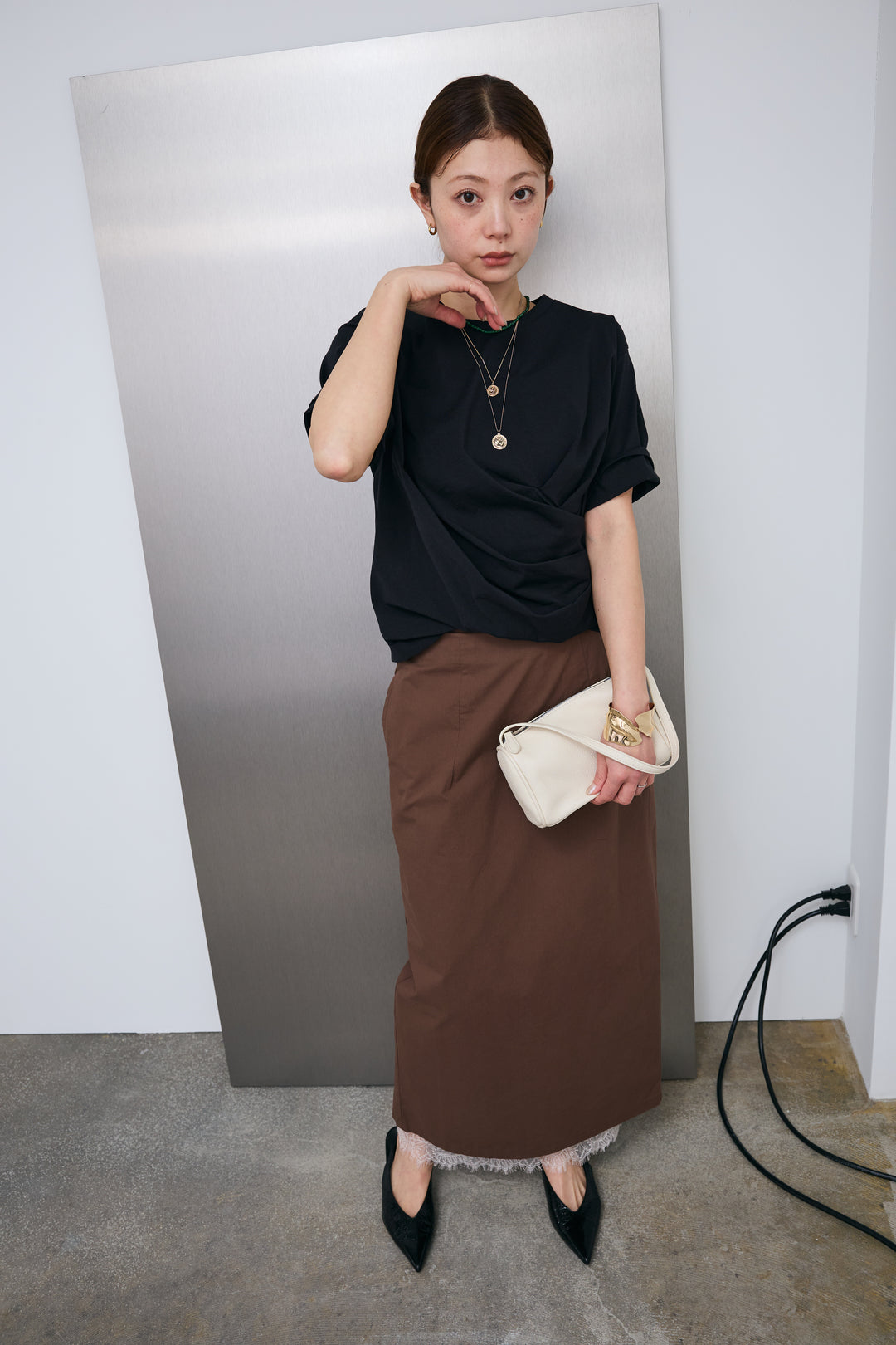 [予約/SET]アシメギャザードレープT+裾レースレイヤードスカート(2set)