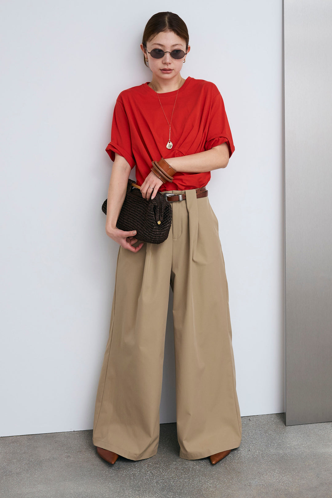 [予約/SET]アシメギャザードレープT+ハイウエストタックワイドパンツ(2set)