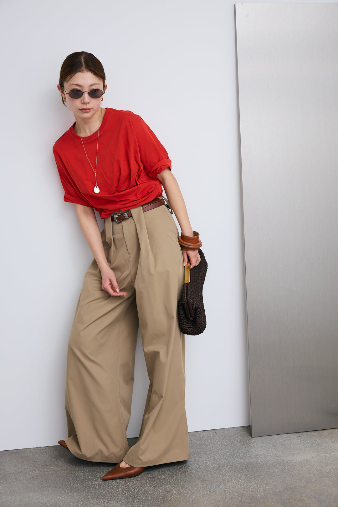 [予約/SET]アシメギャザードレープT+ハイウエストタックワイドパンツ(2set)