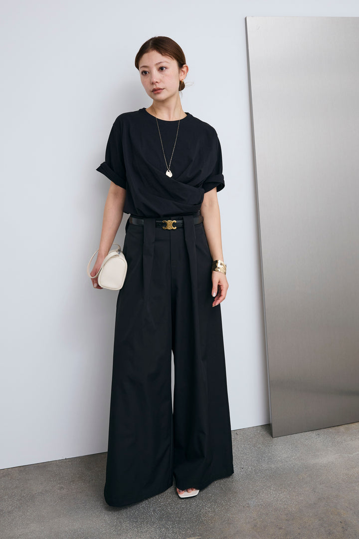 [予約/SET]アシメギャザードレープT+ハイウエストタックワイドパンツ(2set)