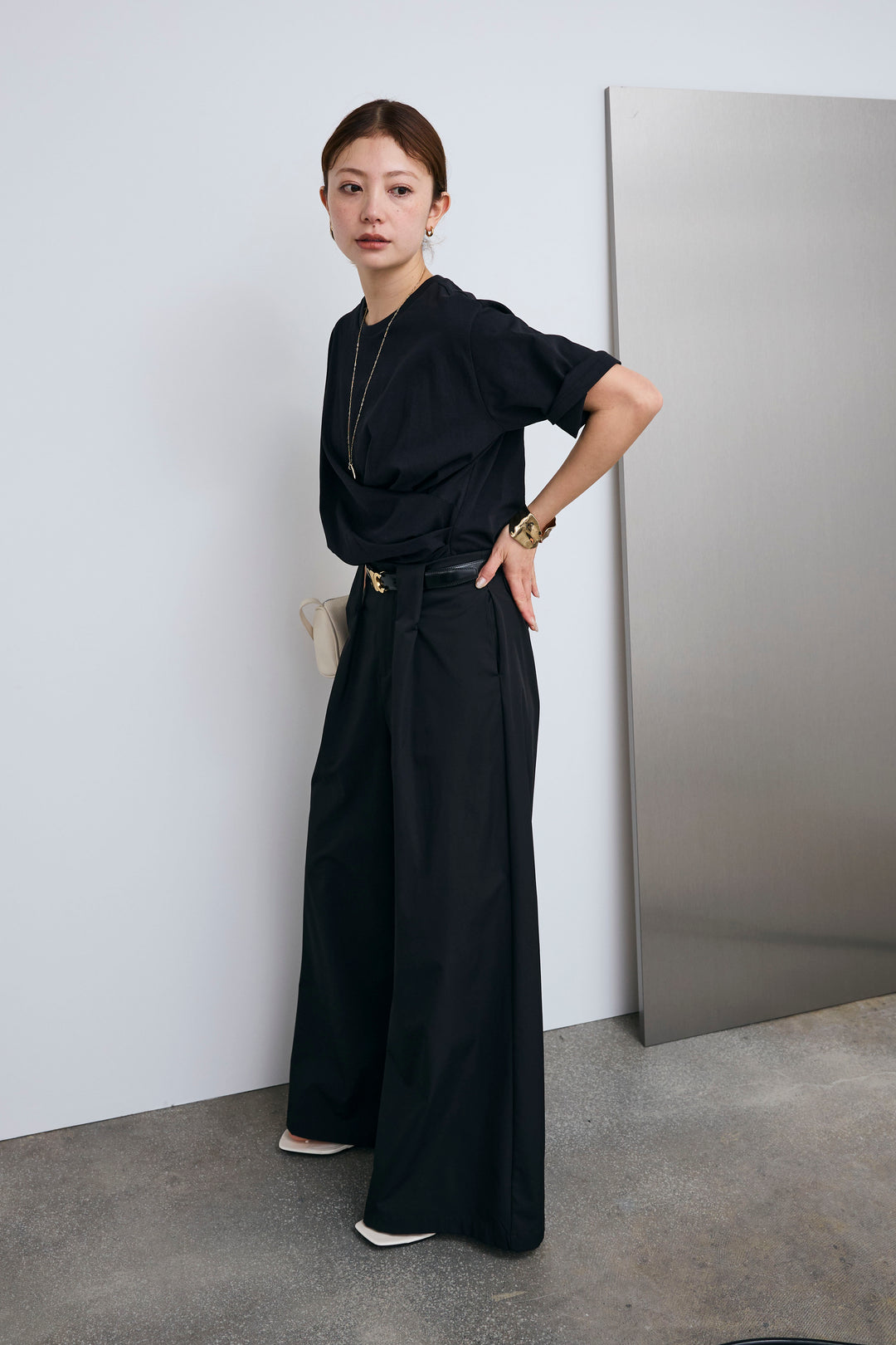 [予約/SET]アシメギャザードレープT+ハイウエストタックワイドパンツ(2set)