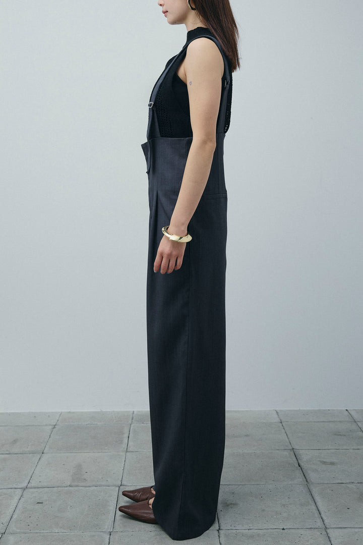 [予約/SET]ストライプBIGジレ+フィッシュネットノースリーブニット+ハイウエストワイドサロペット(3set)