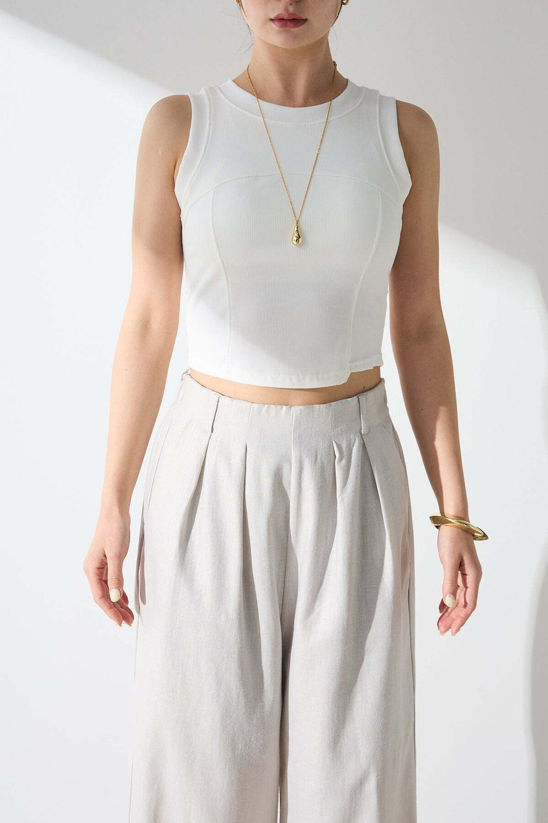 [予約/SET]デザインポケットベスト+トーションレースコットンキャミ+リブ切り替えタンクトップ+かすれシアーイージーパンツ(4set)