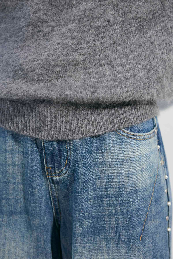 [予約/SET]ノルディック柄シャギーニット＆アームウォーマーSET+アクセントパールデニムパンツ(2set)