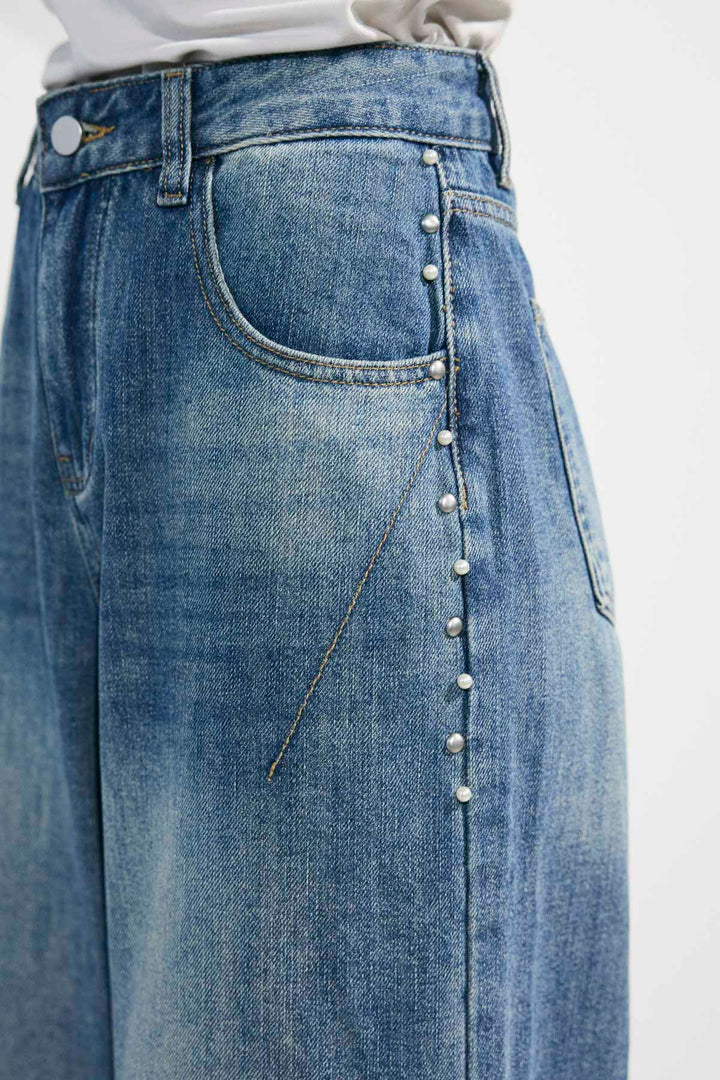 [予約/SET]ドレープハイネックフェイクレザーブルゾン+アクセントパールデニムパンツ(2set)