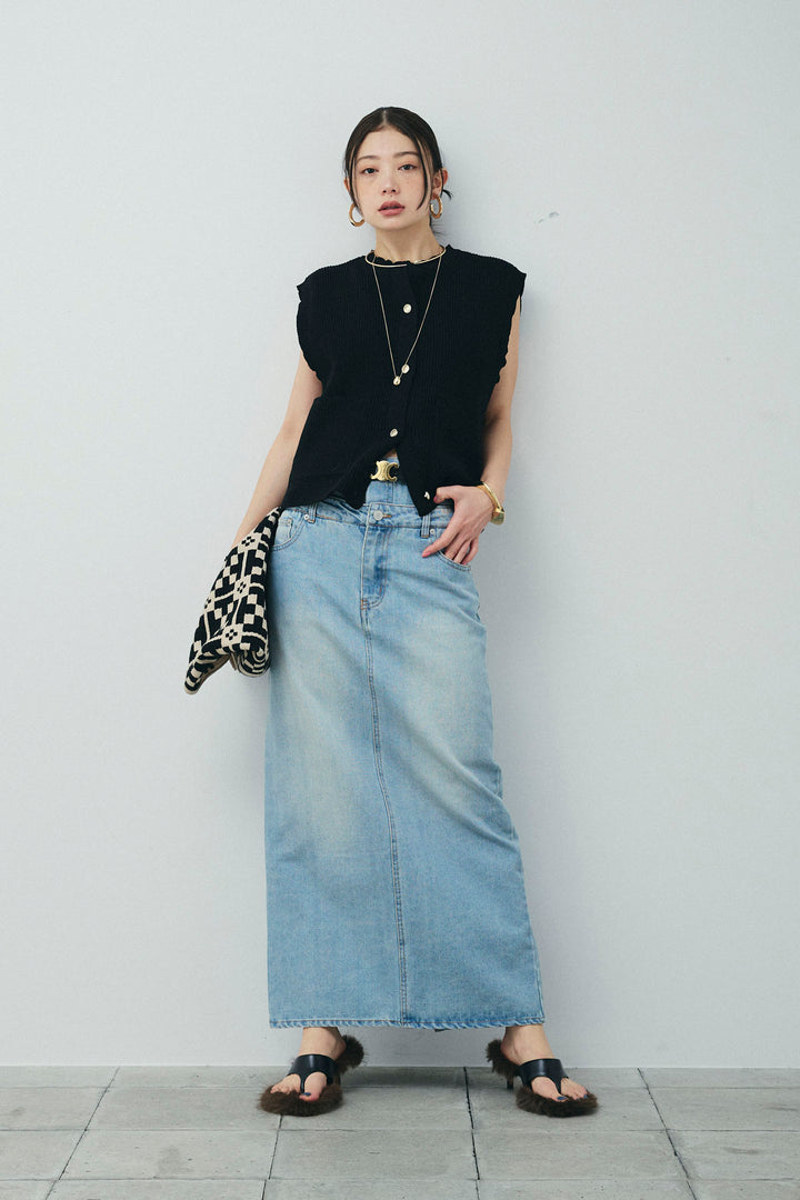 [予約/SET]畦編み金釦ルーズベスト+ダブルウエストデニムスカート(2set)