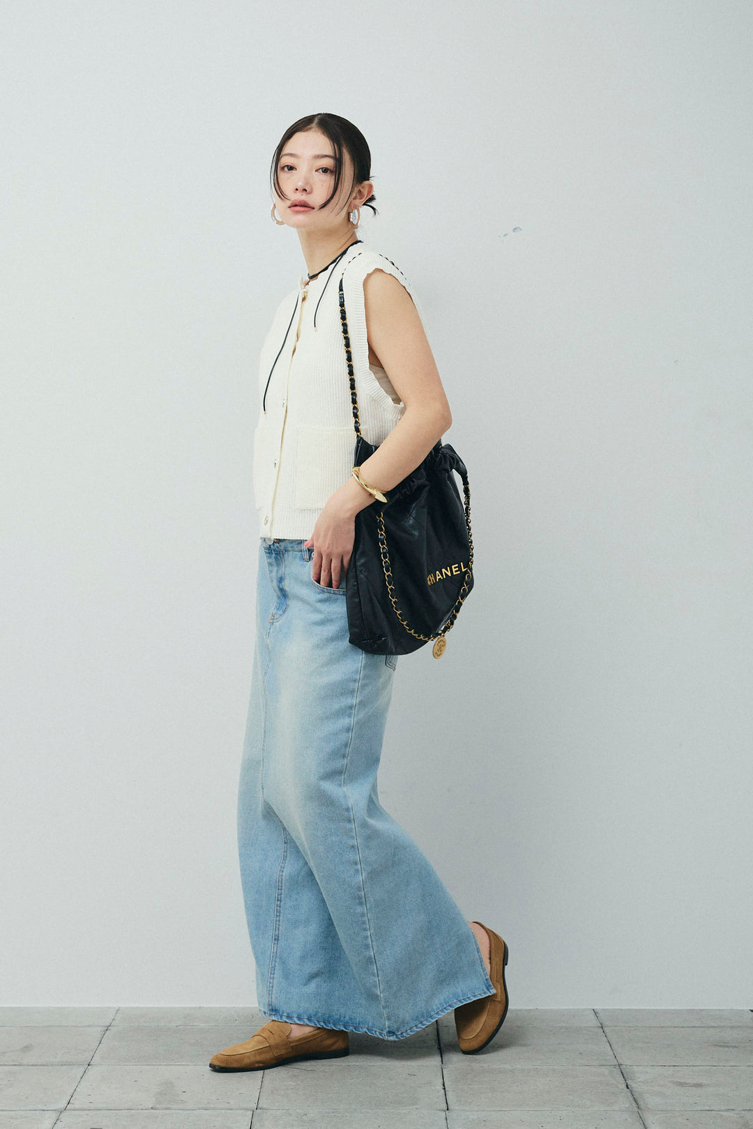 [予約/SET]畦編み金釦ルーズベスト+ダブルウエストデニムスカート(2set)