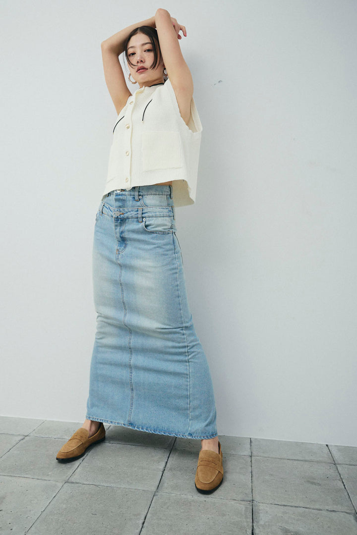 [予約/SET]畦編み金釦ルーズベスト+ダブルウエストデニムスカート(2set)