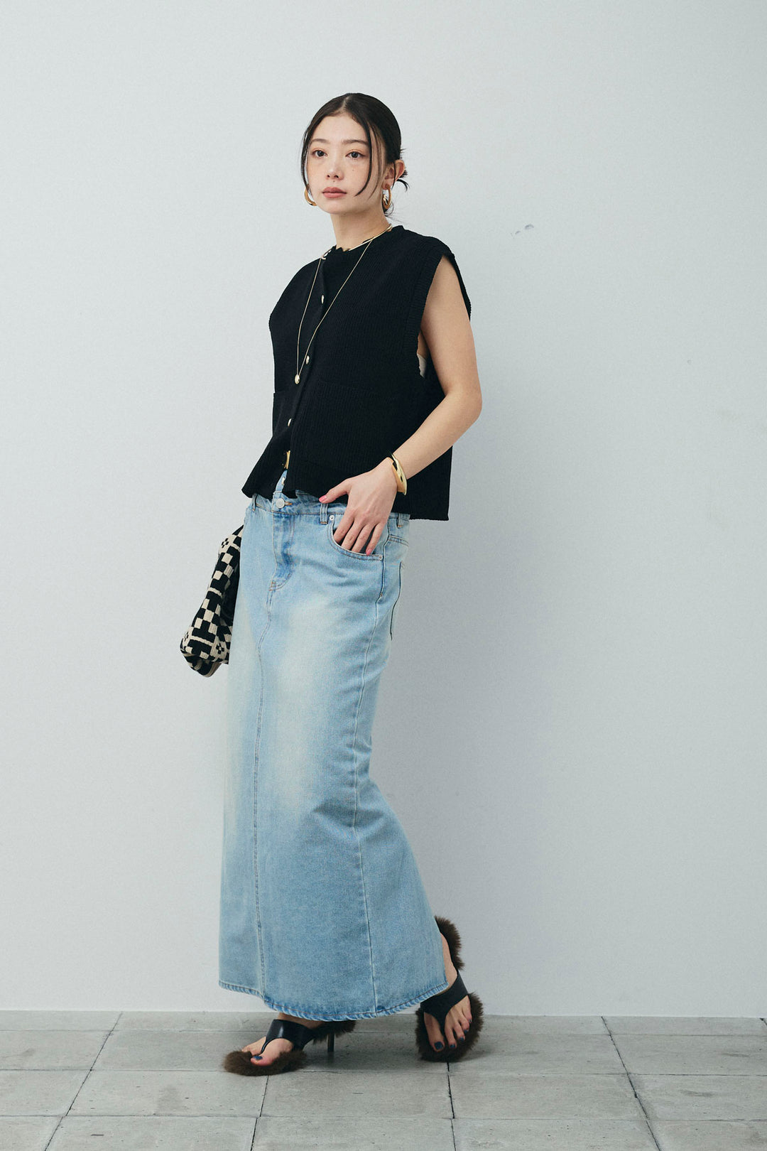 [予約/SET]畦編み金釦ルーズベスト+ダブルウエストデニムスカート(2set)