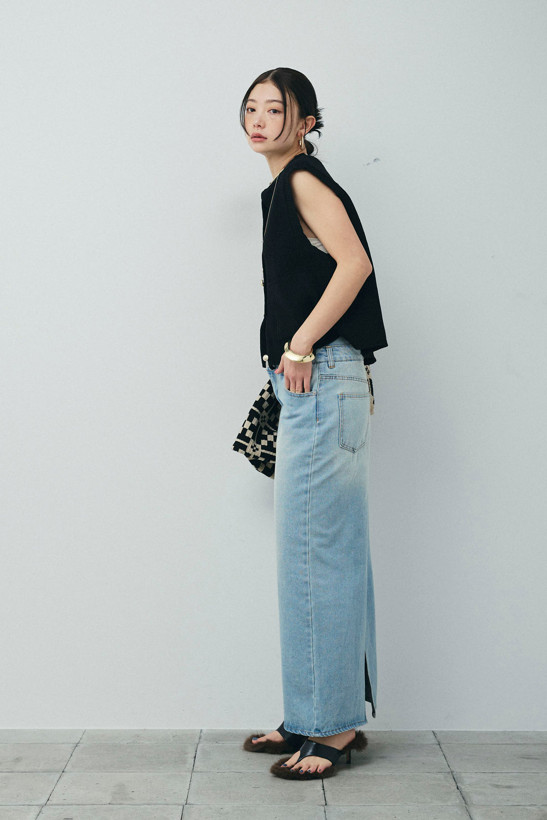 [予約/SET]畦編み金釦ルーズベスト+ダブルウエストデニムスカート(2set)